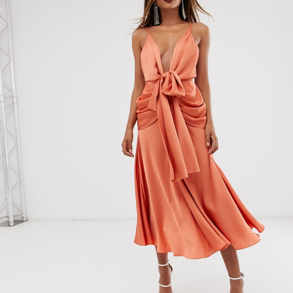 ASOS EDITION satin plunge strappy midi dress with tie front, size 4
